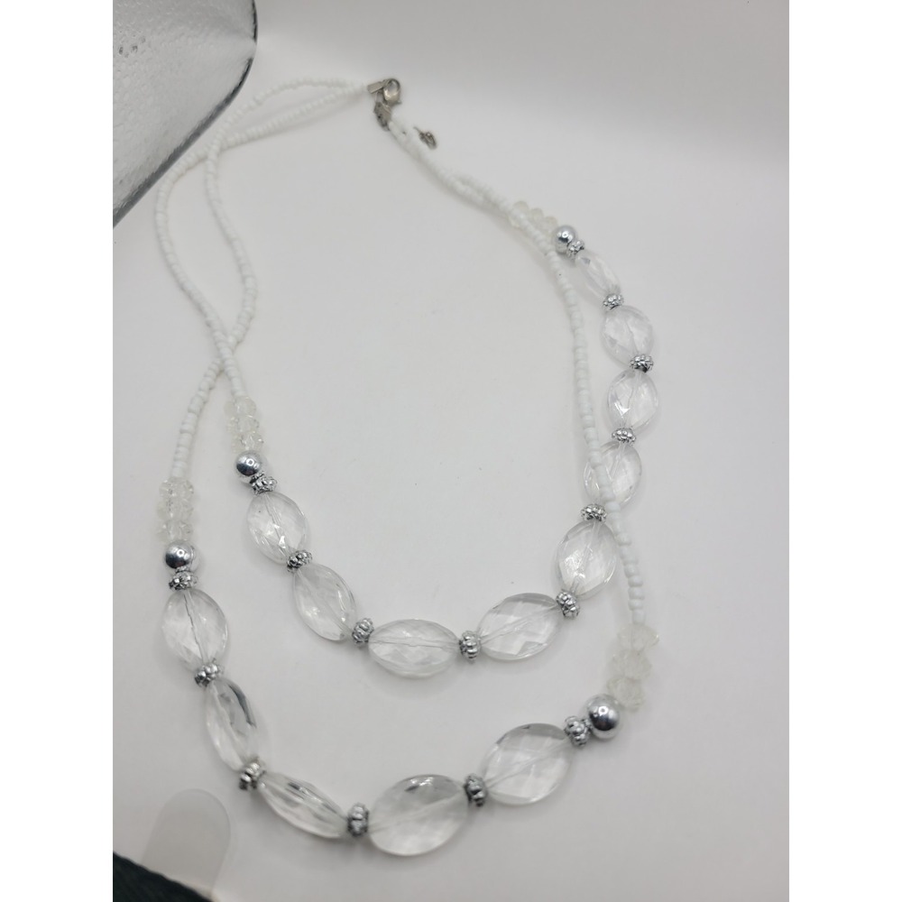 White Clear Double Strand Beaded Necklace Faceted Oval Silver Tone Statement - Picture 5 of 9